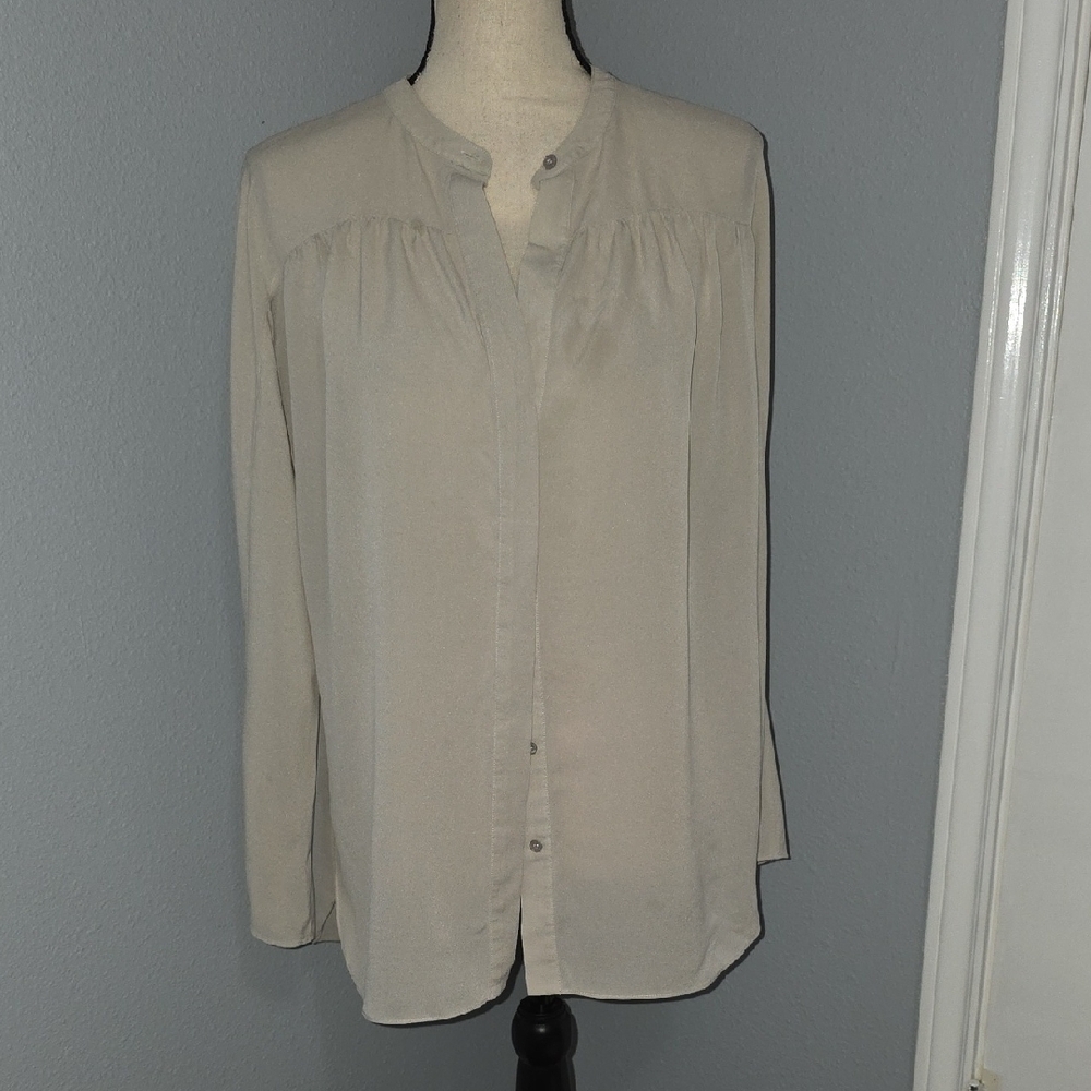 Vince Neutral Beige Button-Front Long Sleeve Blouse